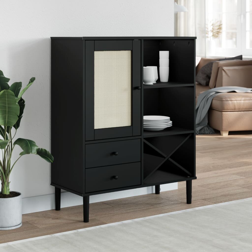 vidaXL Бюфет "SENJA" ратанова визия черен 90x40x112 см бор масив