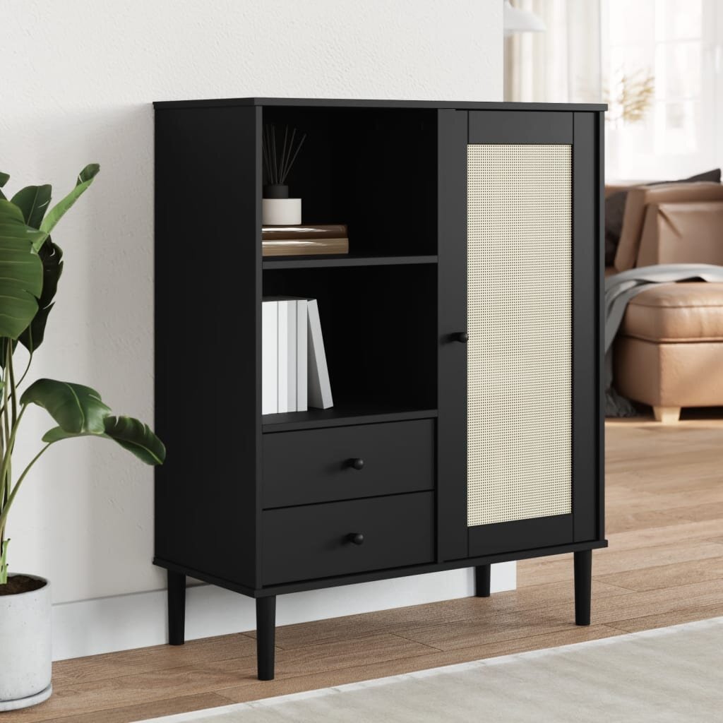 vidaXL Бюфет "SENJA" ратанова визия черен 90x40x112 см бор масив