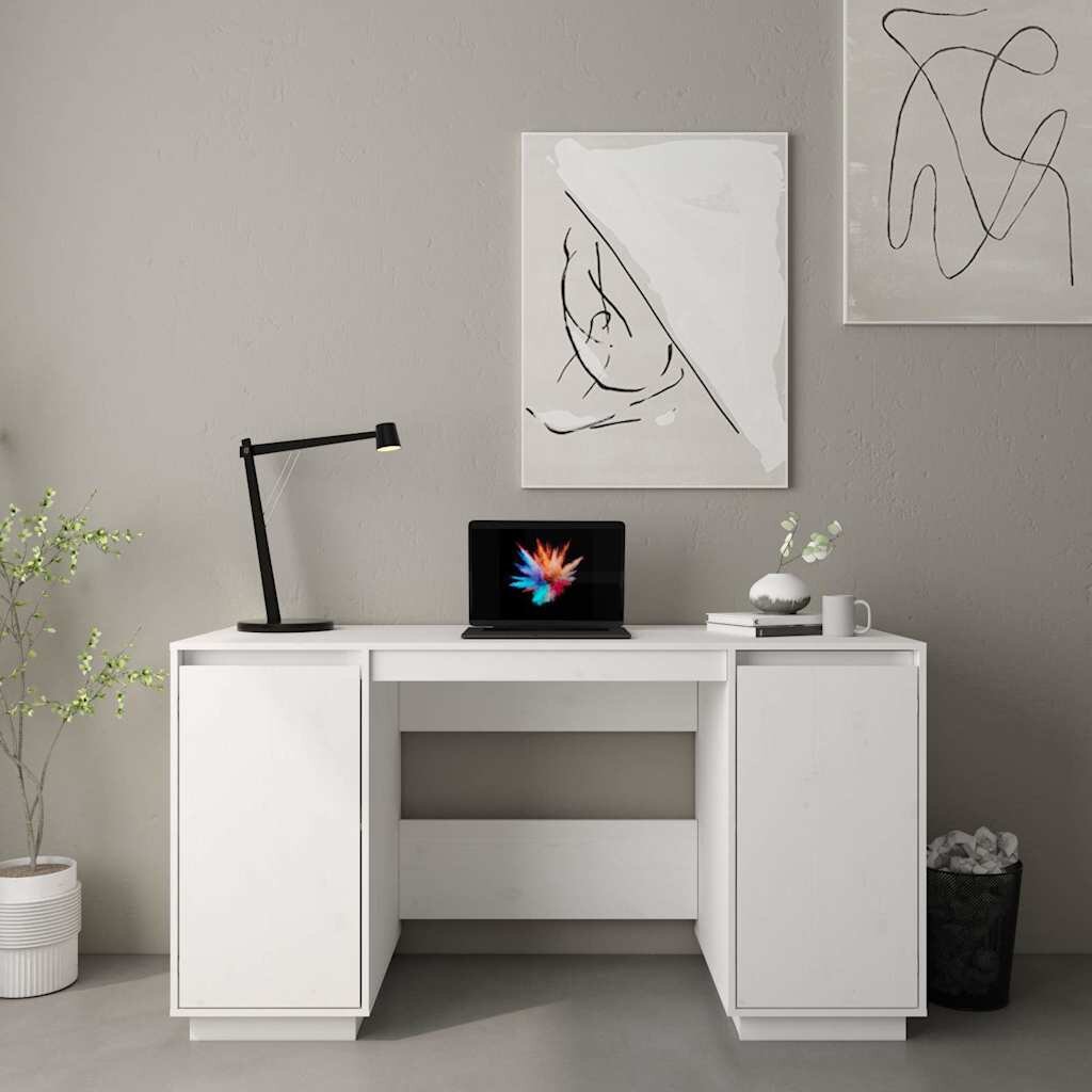 vidaXL Бюро бяло 140x50x75 см борово дърво масив