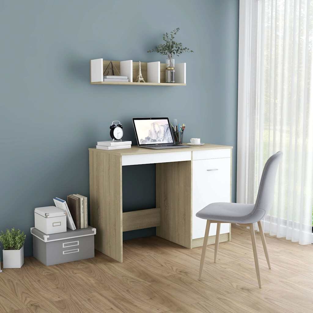 vidaXL Бюро бяло и дъб сонома 100x50x76 см ПДЧ