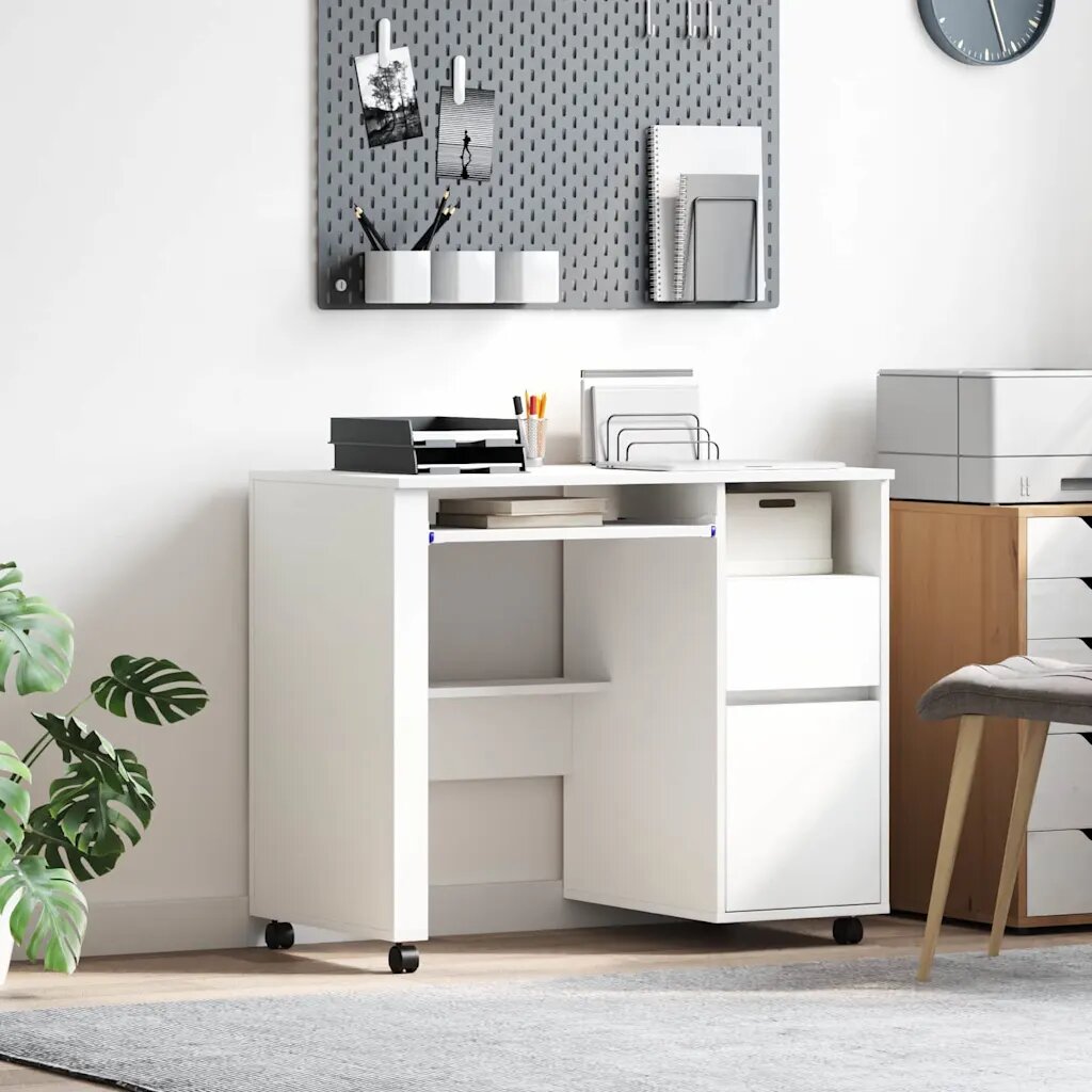 vidaXL Бюро на колела Бяло Инженерна дървесина 91 x 50 x 77 см
