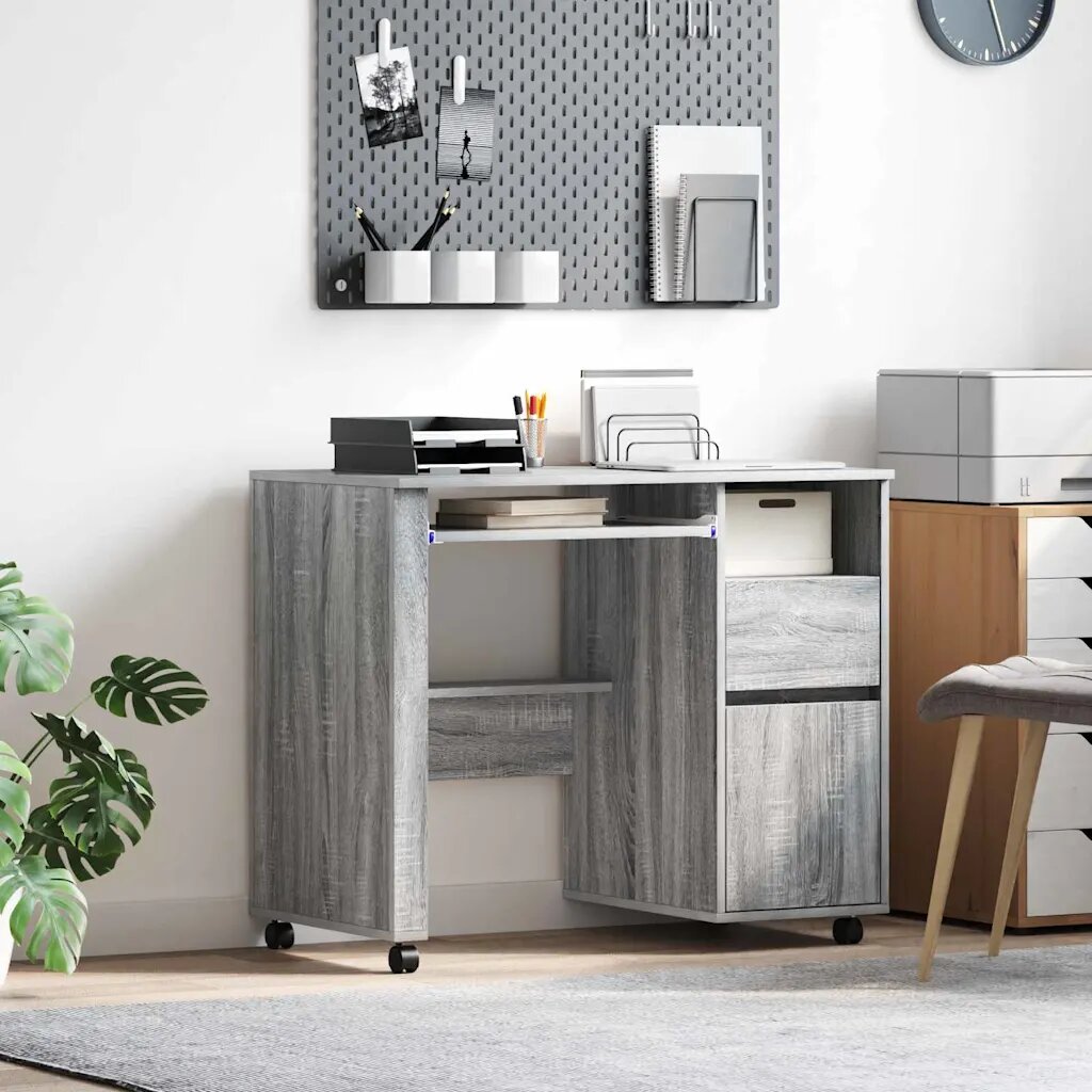 vidaXL Бюро на колела Сив Сонома Инженерна дървесина 91 x 50 x 77 см