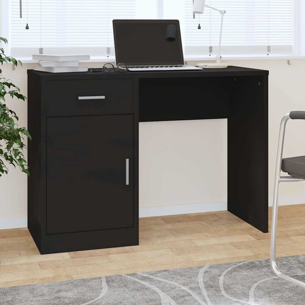 vidaXL Бюро с чекмедже и шкаф черен 100x40x73 см инженерно дърво