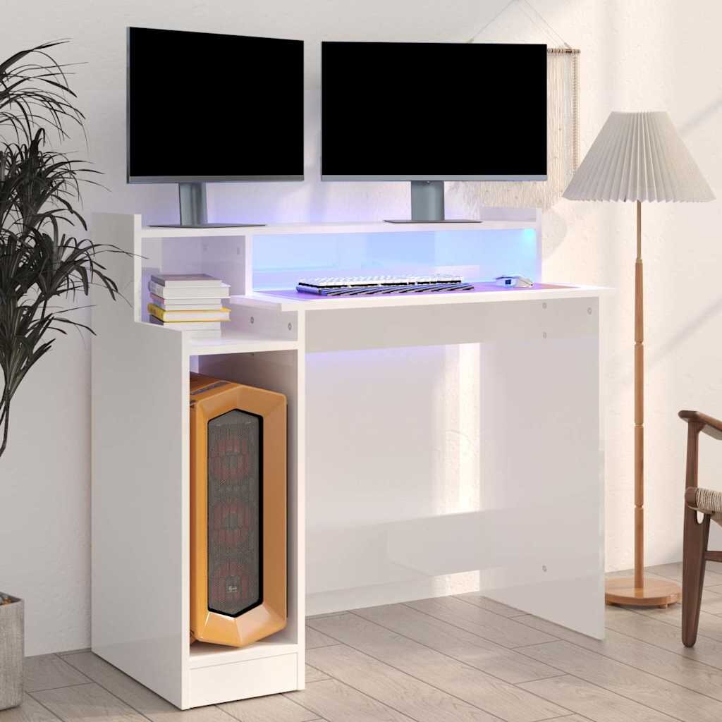 vidaXL Бюро с LED осветление бял гланц 97x45x90 см инженерно дърво