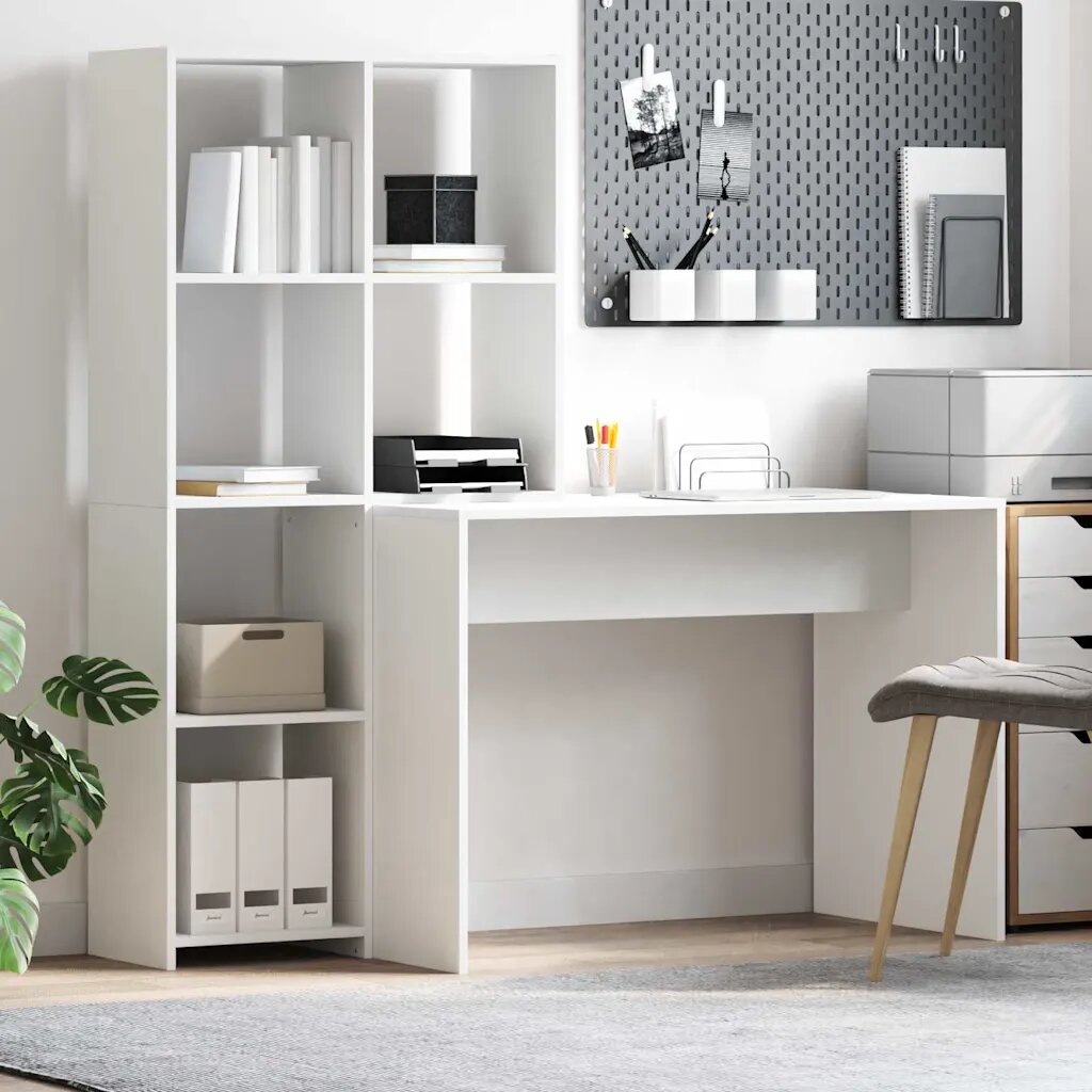 vidaXL Бюро с рафт Бяло 1385 x 55 x 143 см Инженерна дървесина