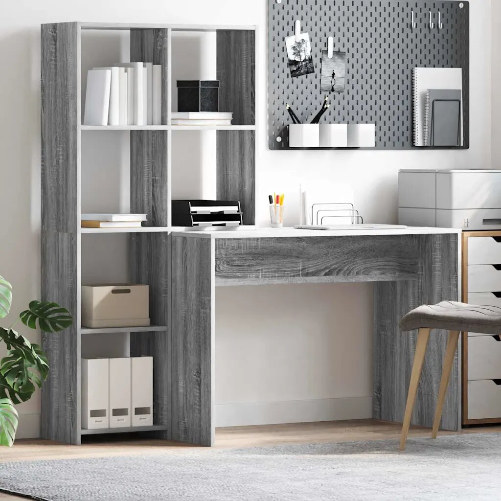 vidaXL Бюро с рафт Сив Сонома 1385 x 55 x 143 см Инженерна дървесина
