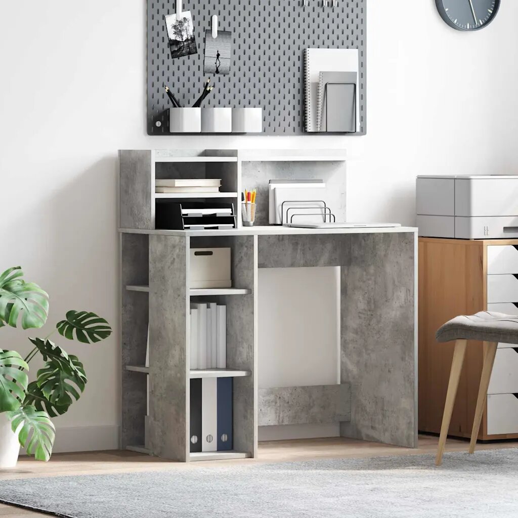 vidaXL Бюро Циментено сиво Инженерна дървесина 90 x 48 x 1015 см