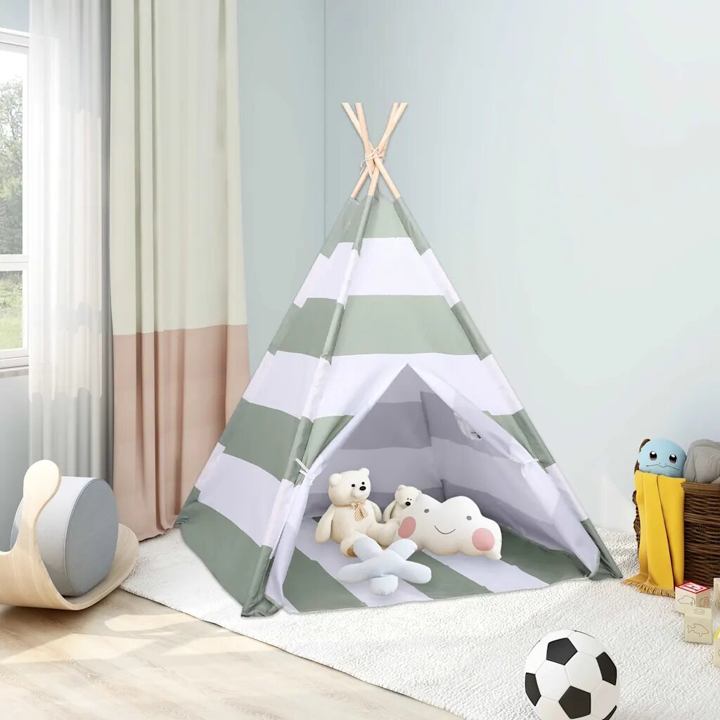 vidaXL Детска палатка Сив и бял 120 x 120 x 150 cm Борово дърво масив