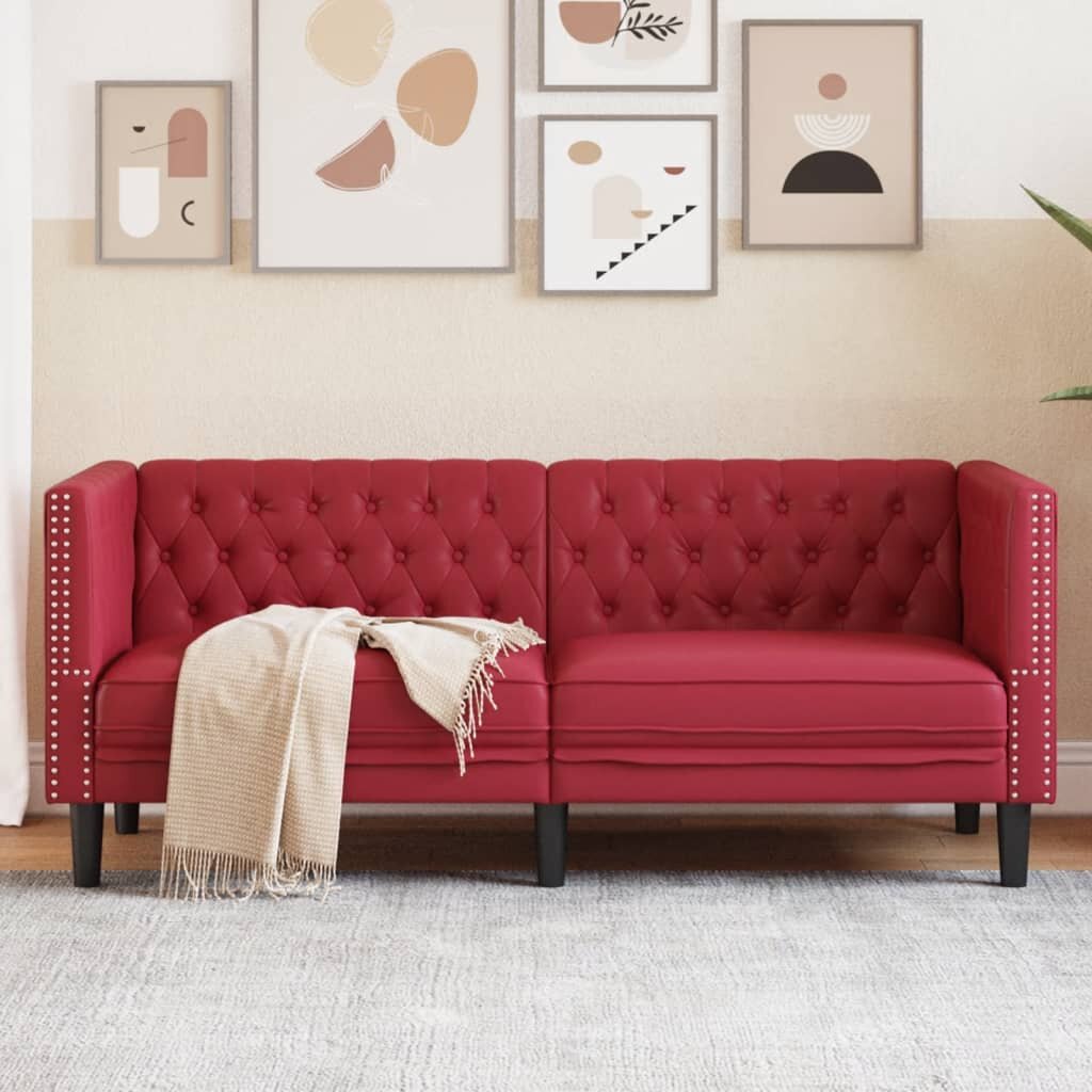vidaXL Диван Chesterfield с 2 седалки Виненочервена kunstnahast