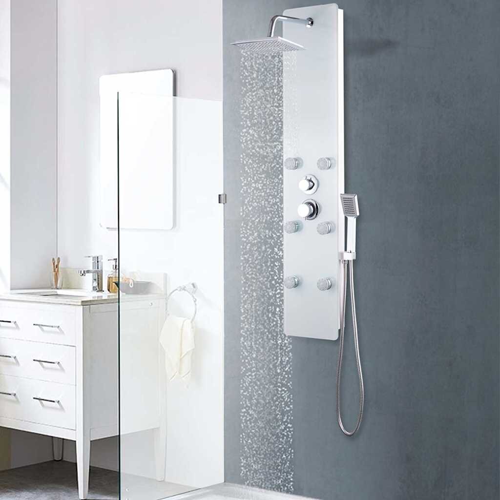 vidaXL Душ панел стъклен 25x446x130 см бял