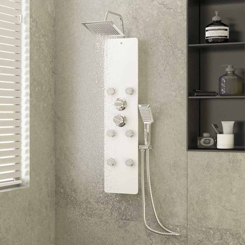 vidaXL Душ панел стъклен 25x475x130 см бял