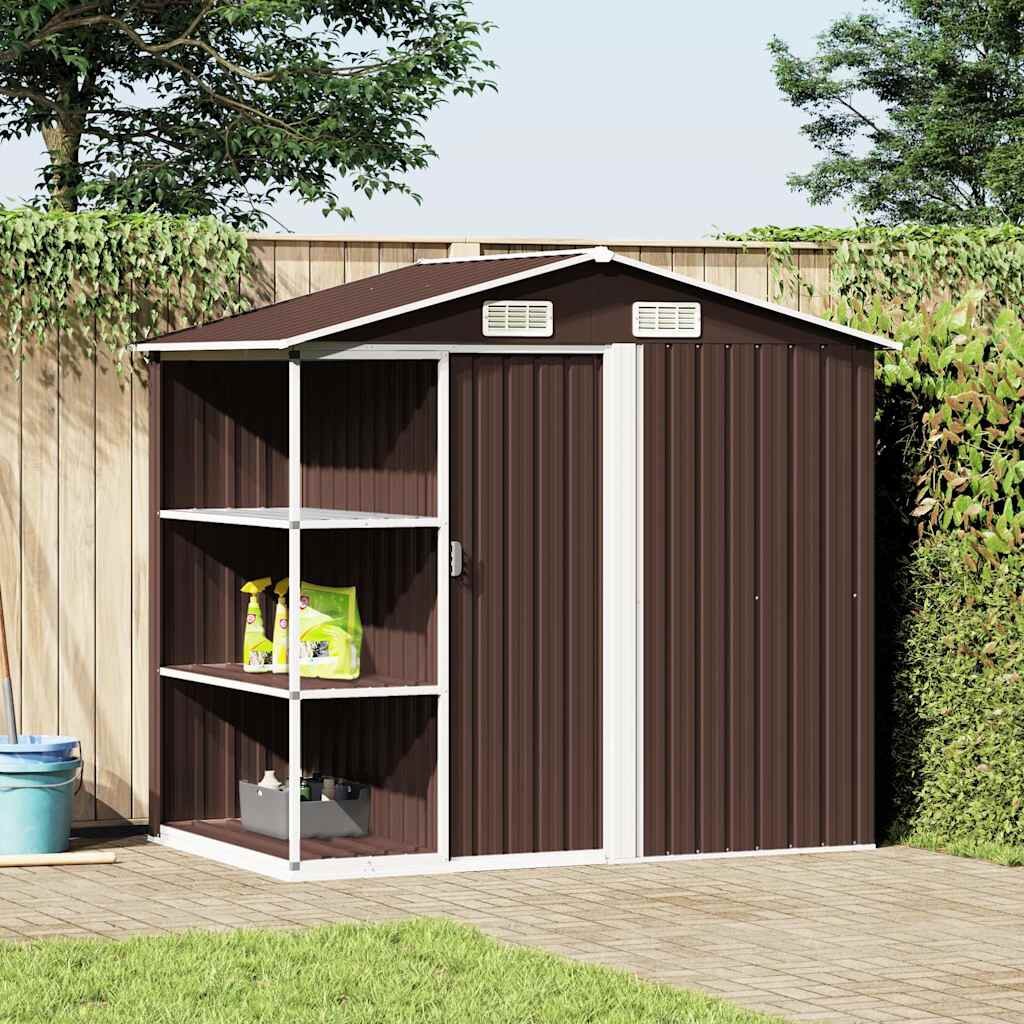vidaXL Дворна барака със стелаж кафява 205x130x183 см желязо