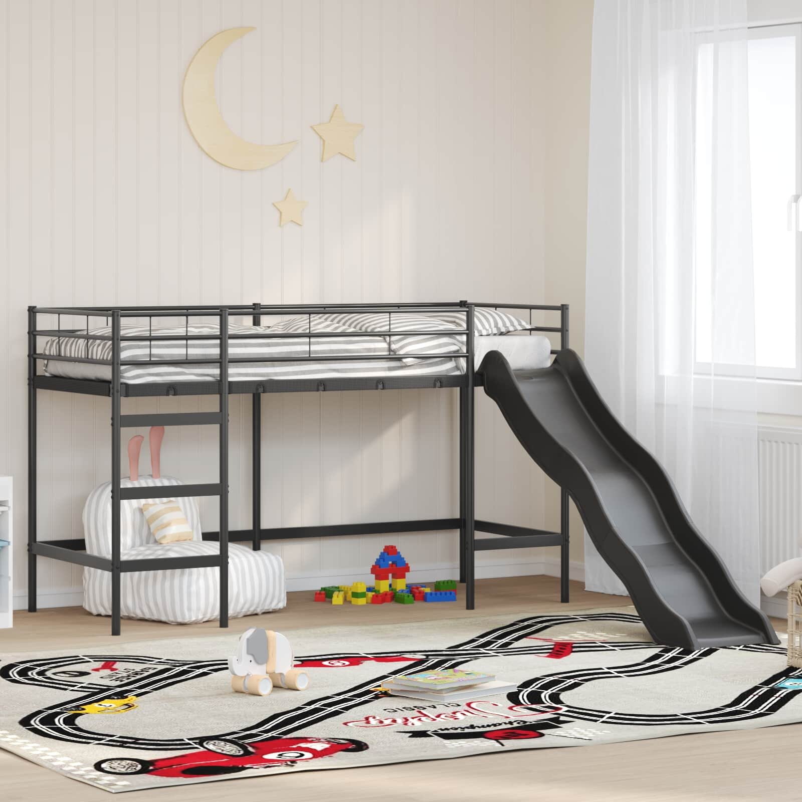 vidaXL Двуетажно легло с пързалка за деца Черно и антрацит 90 x 190 cm