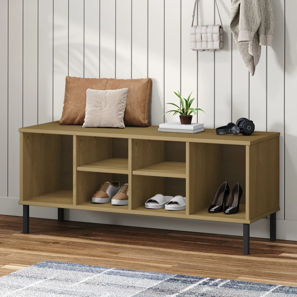 vidaXL Етажерка за обувки метални крака кафява 106x35x45 см масив OSLO