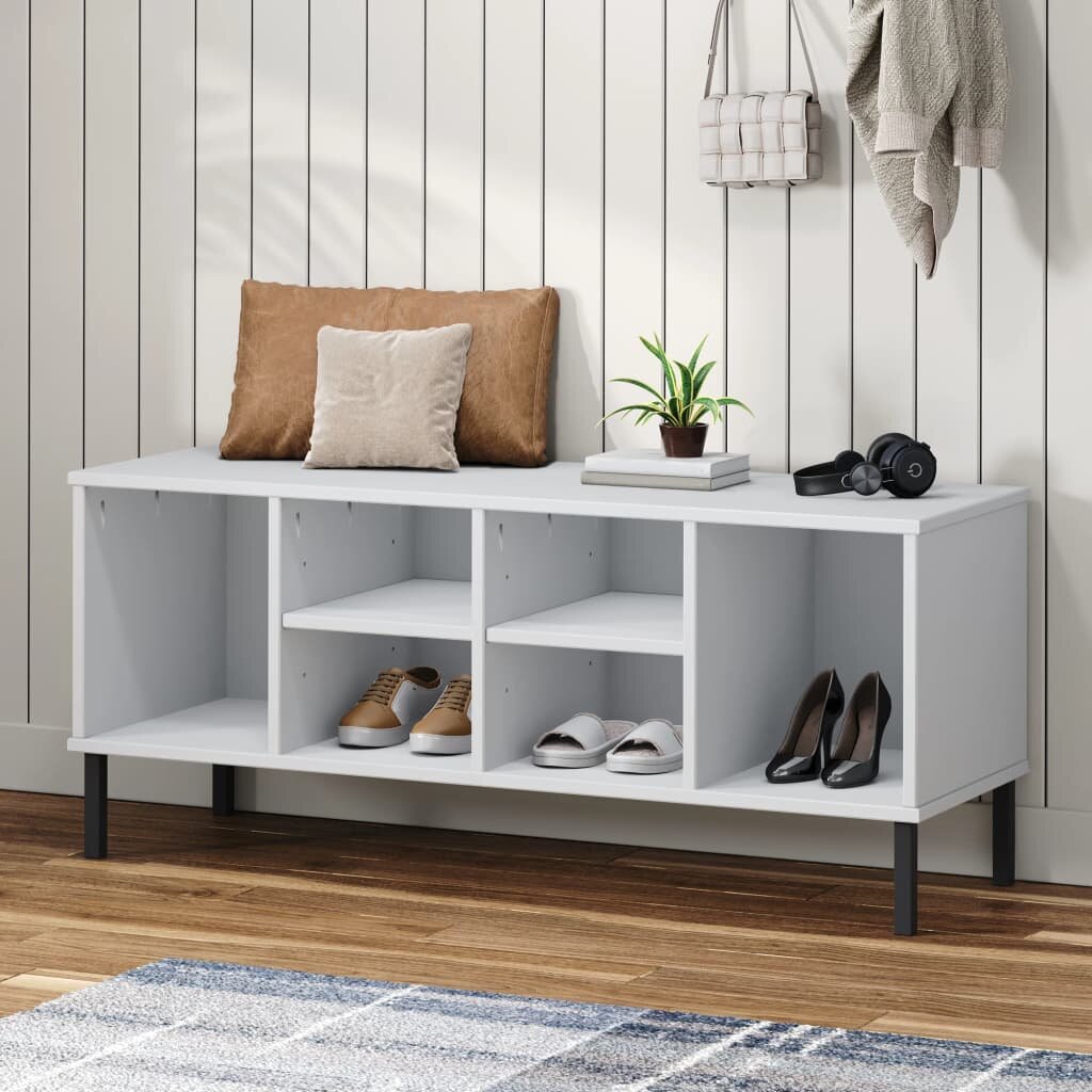 vidaXL Етажерка за обувки с метални крака бяла 106x35x45 см масив OSLO
