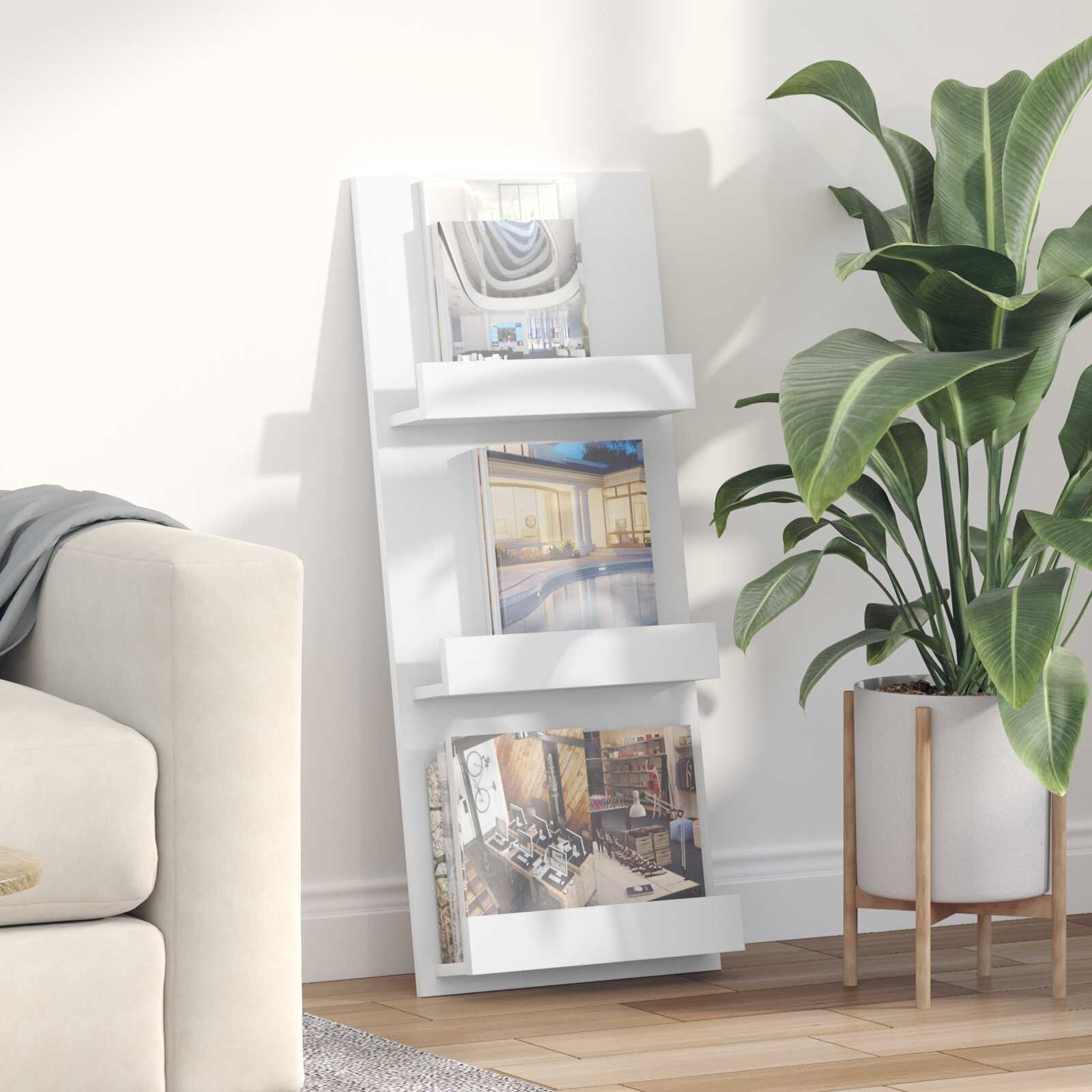 vidaXL Етажерка за списания Бяло 43 x 11 x 102 см Инженерна дървесина
