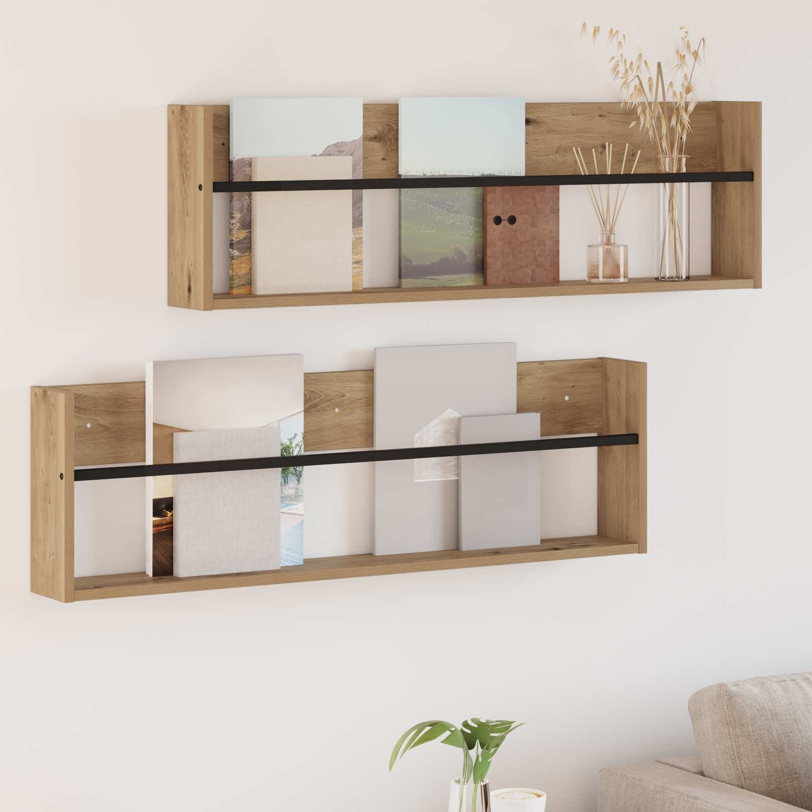 vidaXL Етажерка за списания с рафт 2 бр. Дъб 100 x 12 x 30 см