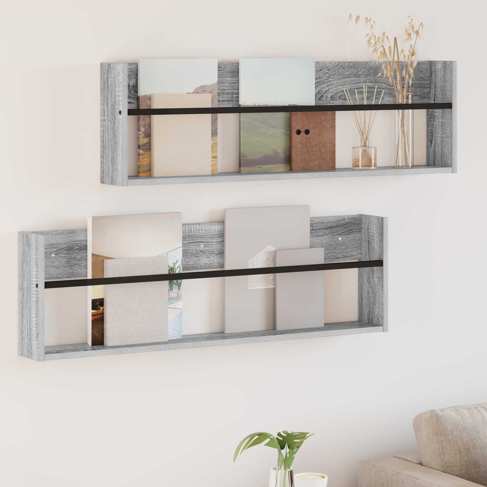 vidaXL Етажерка за списания с рафт 2 бр. Сив Сонома 100 x 12 x 30 см