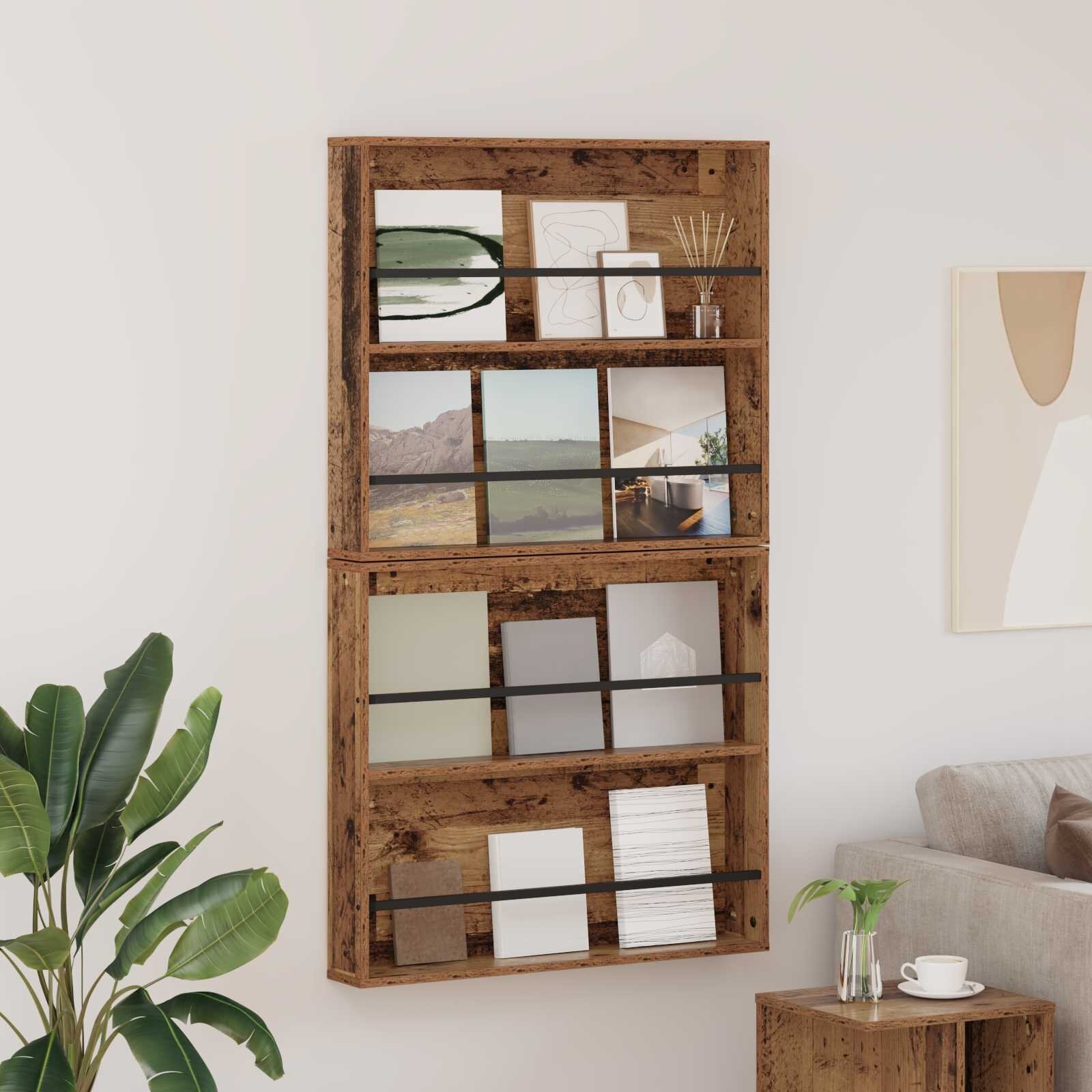 vidaXL Етажерка за списания с рафт 2 бр. Старо дърво 80 x 12 x 70 см