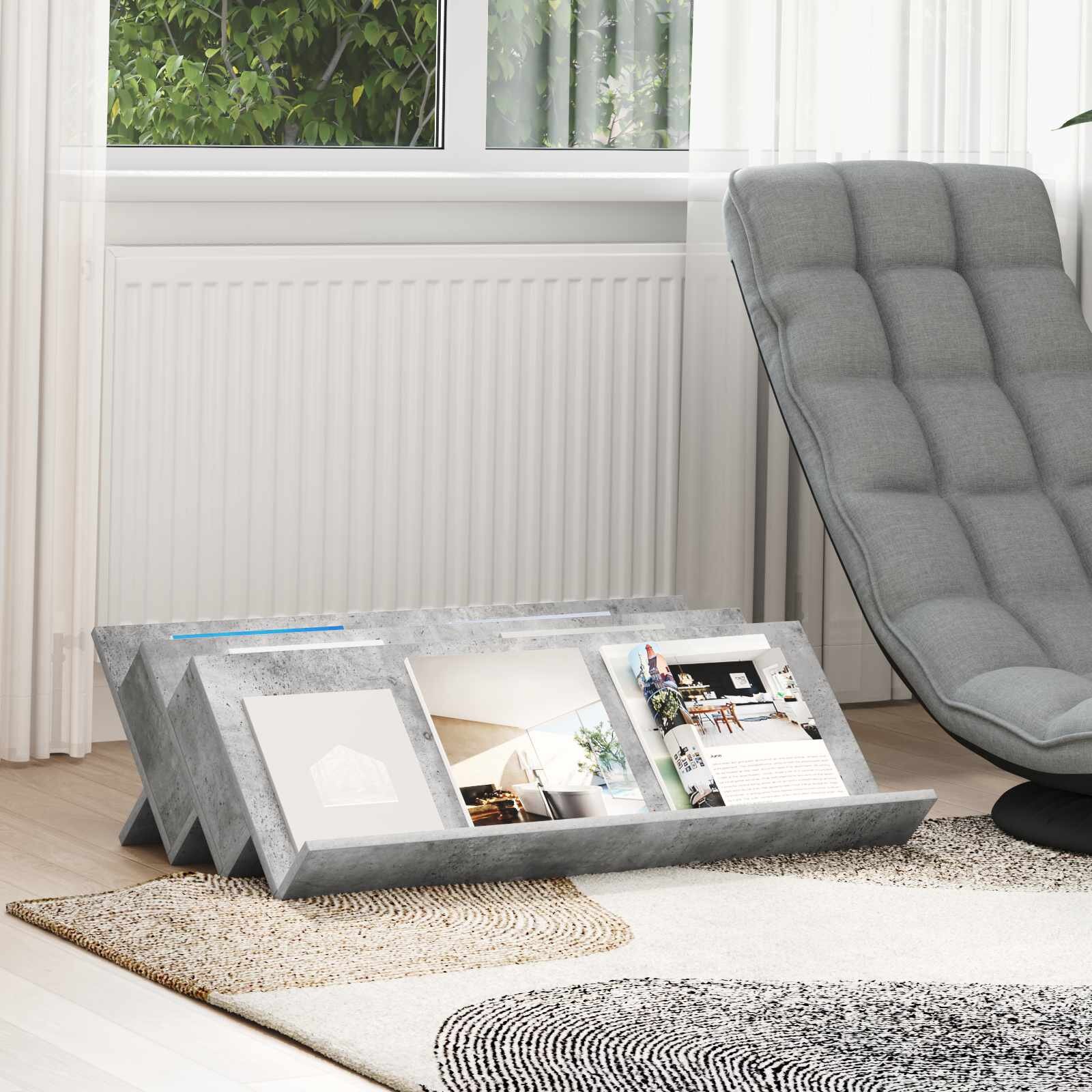 vidaXL Етажерка за списания с рафт Бетоново сиво 90 x 53 x 285 см
