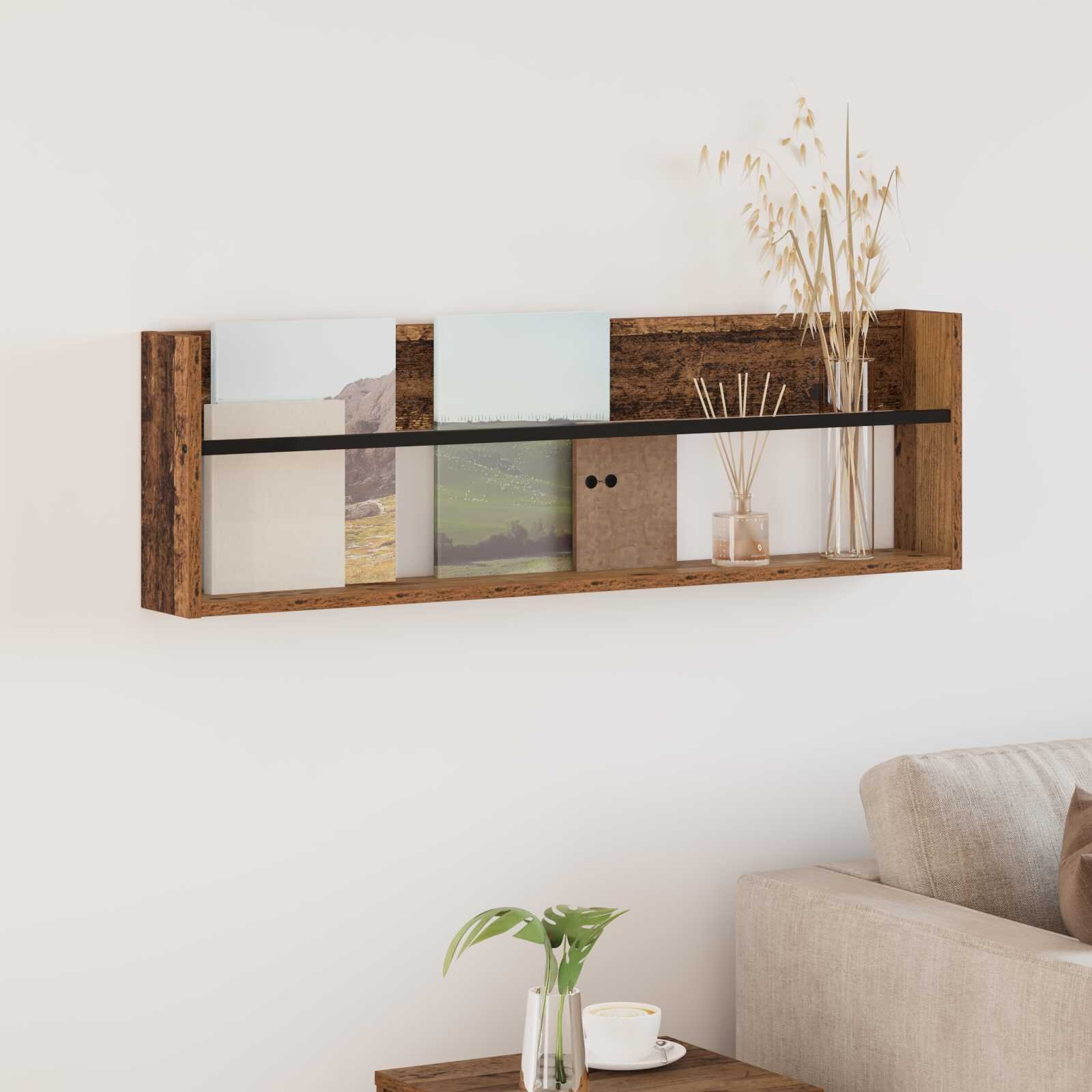vidaXL Етажерка за списания с рафт Старо дърво 100 x 12 x 30 см