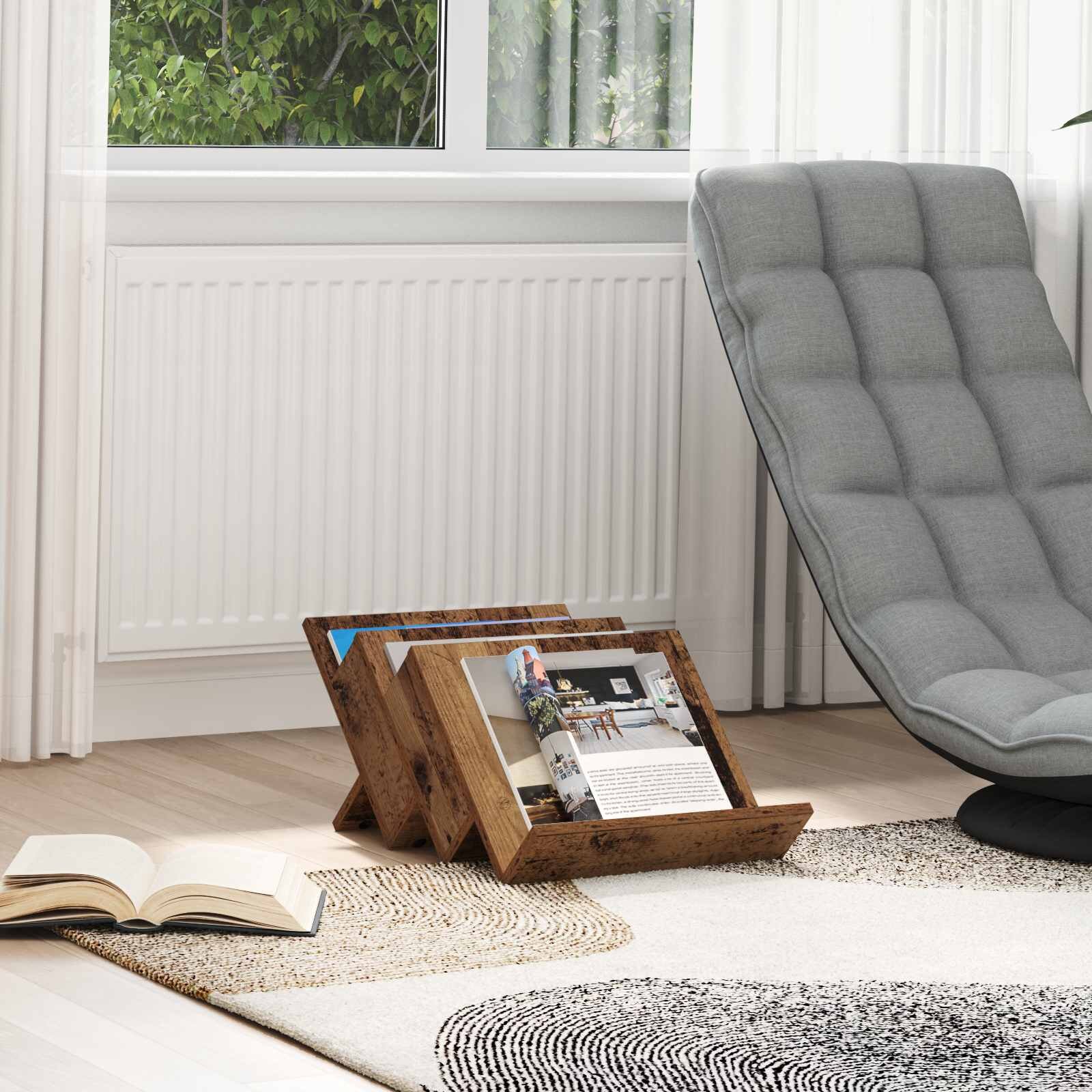 vidaXL Етажерка за списания с рафт Старо дърво 53 x 40 x 285 см