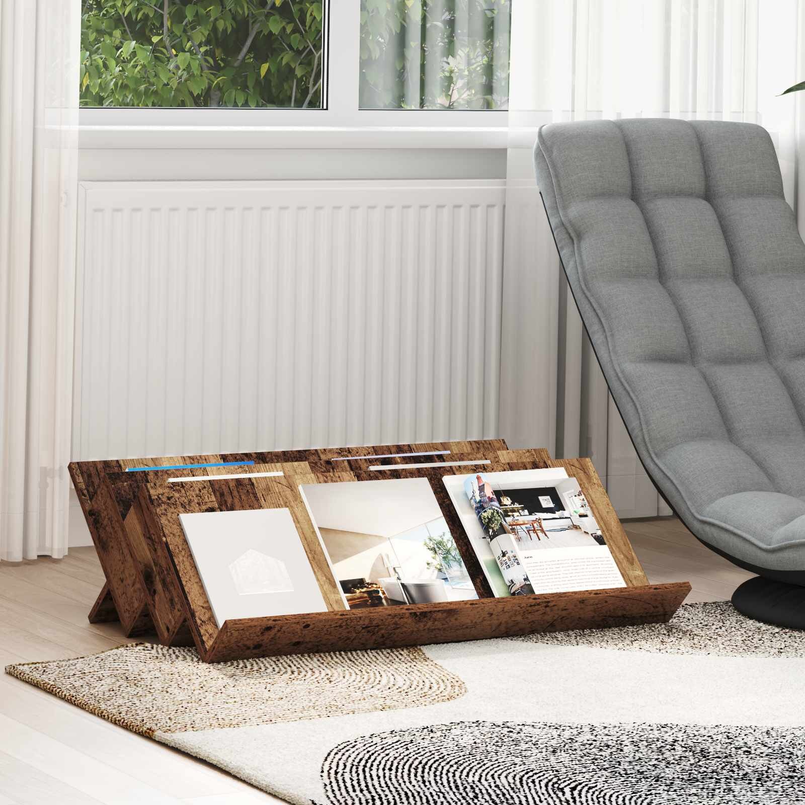 vidaXL Етажерка за списания с рафт Старо дърво 90 x 53 x 285 см