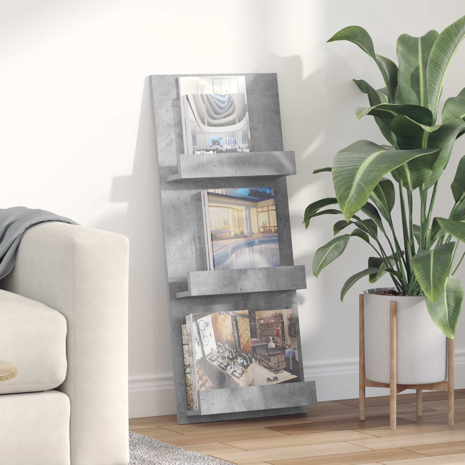 vidaXL Етажерка за списания с рафт Циментено сиво 43 x 11 x 102 см