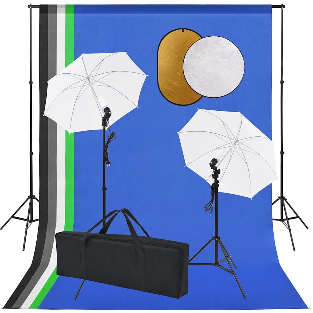 vidaXL Фотографски комплект за студио с лампи чадъри фон и рефлектор