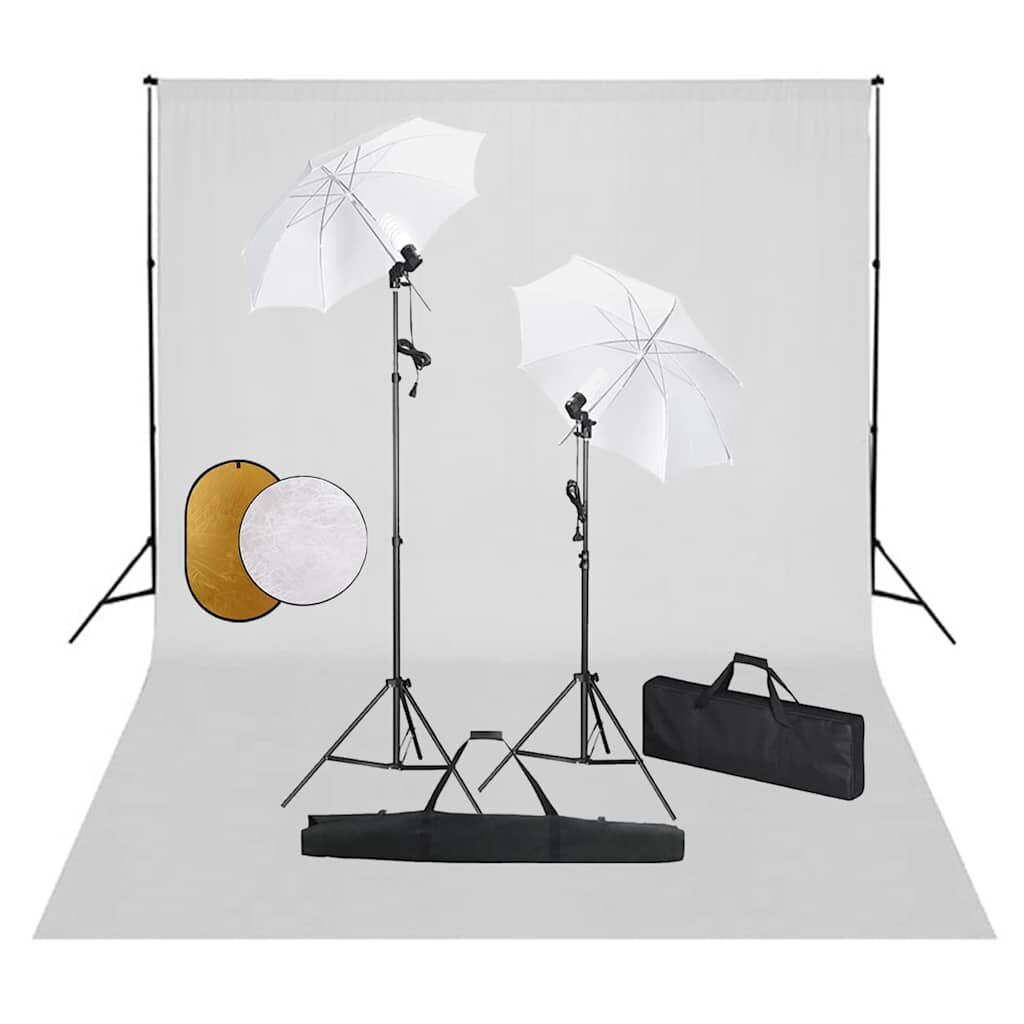 vidaXL Фотографски комплект за студио с лампи чадъри фон и рефлектор