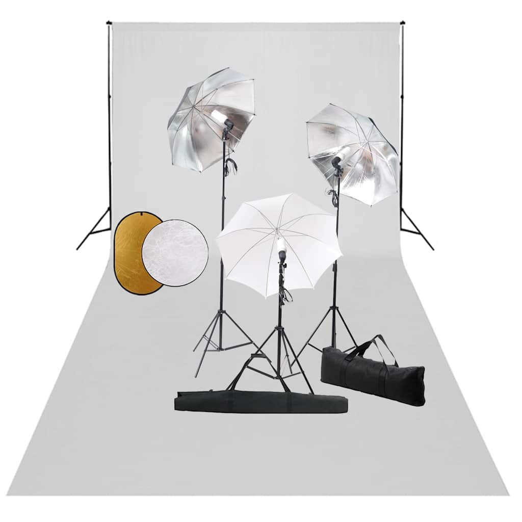 vidaXL Фотографски комплект за студио с лампи чадъри фон и рефлектор