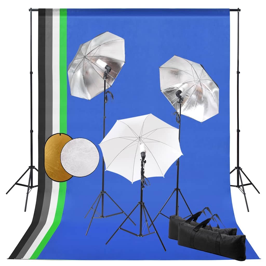 vidaXL Фотографски комплект за студио с лампи чадъри фон и рефлектор