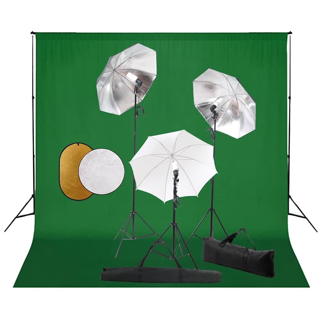vidaXL Фотографски комплект за студио с лампи чадъри фон и рефлектор