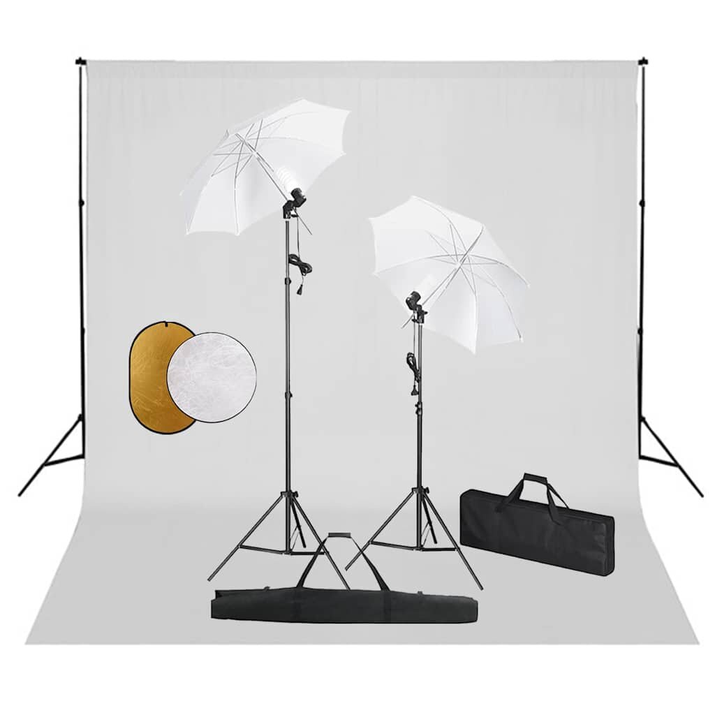vidaXL Фотографски комплект за студио с лампи чадъри фон и рефлектор