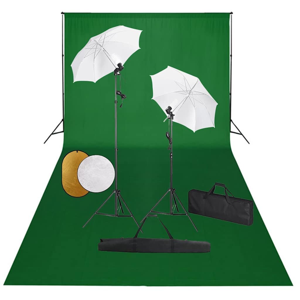 vidaXL Фотографски комплект за студио с лампи чадъри фон и рефлектор