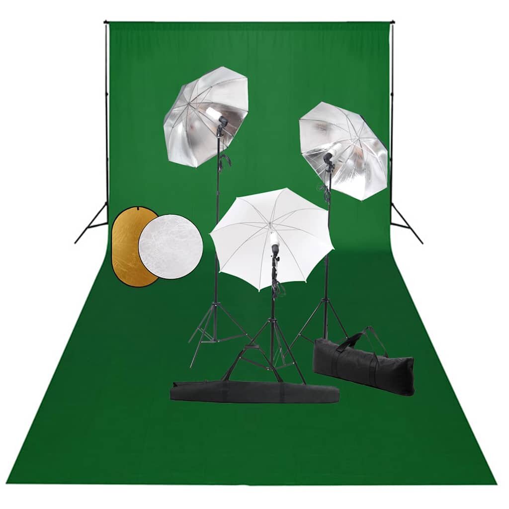 vidaXL Фотографски комплект за студио с лампи чадъри фон и рефлектор