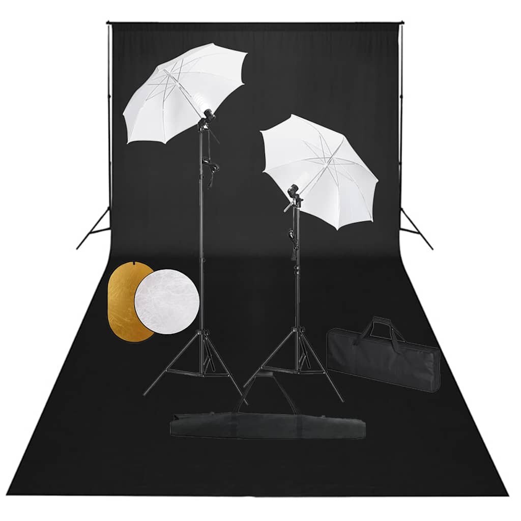 vidaXL Фотографски комплект за студио с лампи чадъри фон и рефлектор