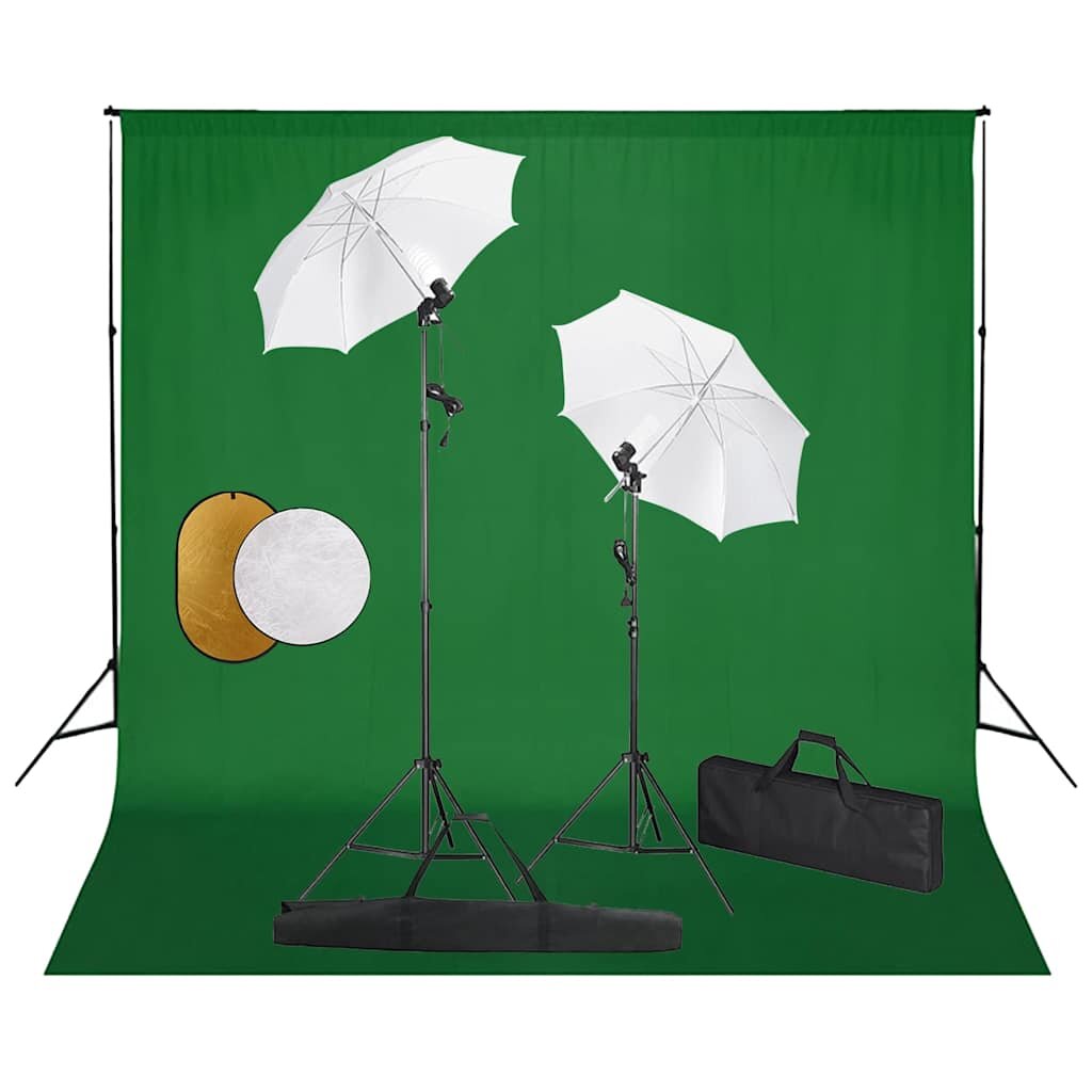 vidaXL Фотографски комплект за студио с лампи чадъри фон и рефлектор