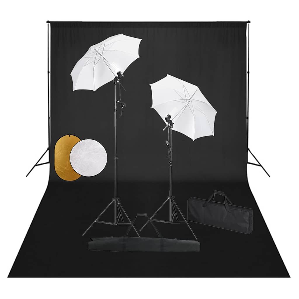 vidaXL Фотографски комплект за студио с лампи чадъри фон и рефлектор