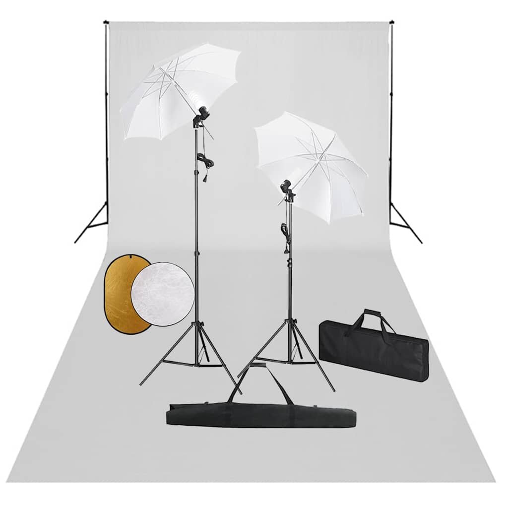 vidaXL Фотографски комплект за студио с лампи чадъри фон и рефлектор