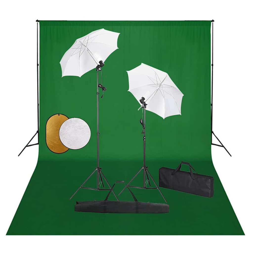vidaXL Фотографски комплект за студио с лампи чадъри фон и рефлектор