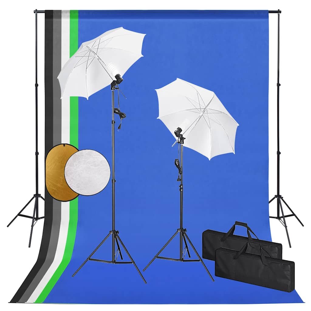 vidaXL Фотографски комплект за студио с лампи чадъри фон и рефлектор