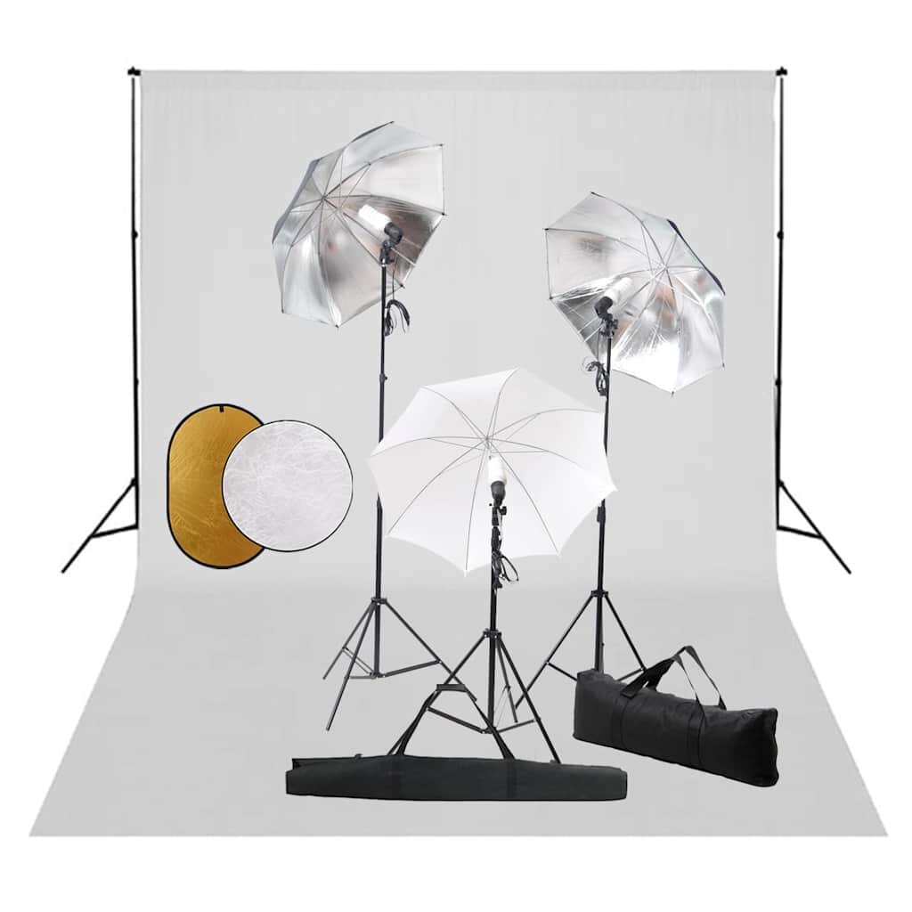 vidaXL Фотографски комплект за студио с лампи чадъри фон и рефлектор