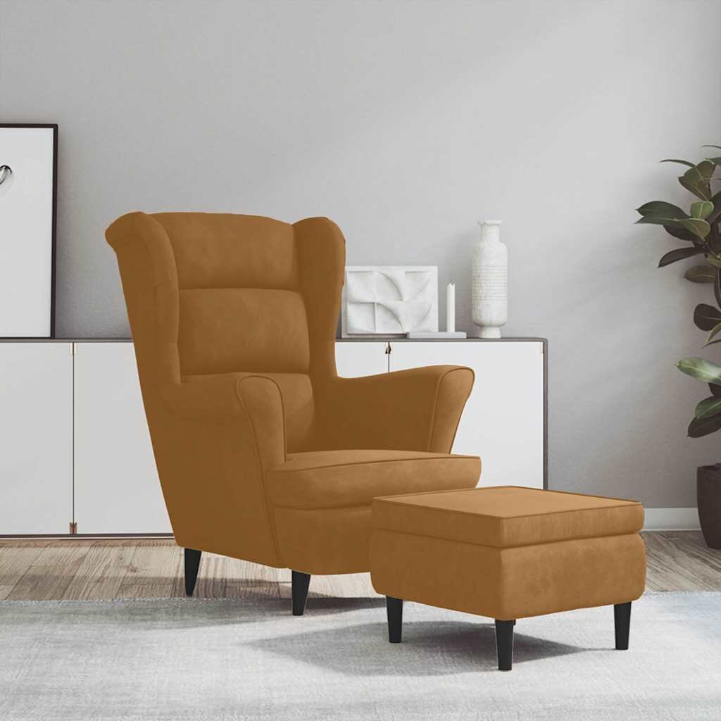 vidaXL Фотьойл Wingback с табуретка кафява кадифе