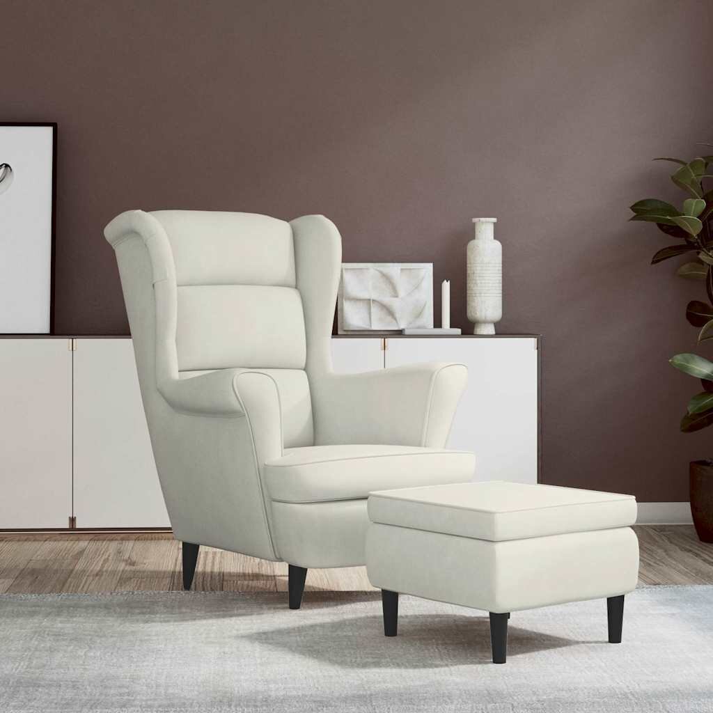 vidaXL Фотьойл Wingback с табуретка кремав кадифе