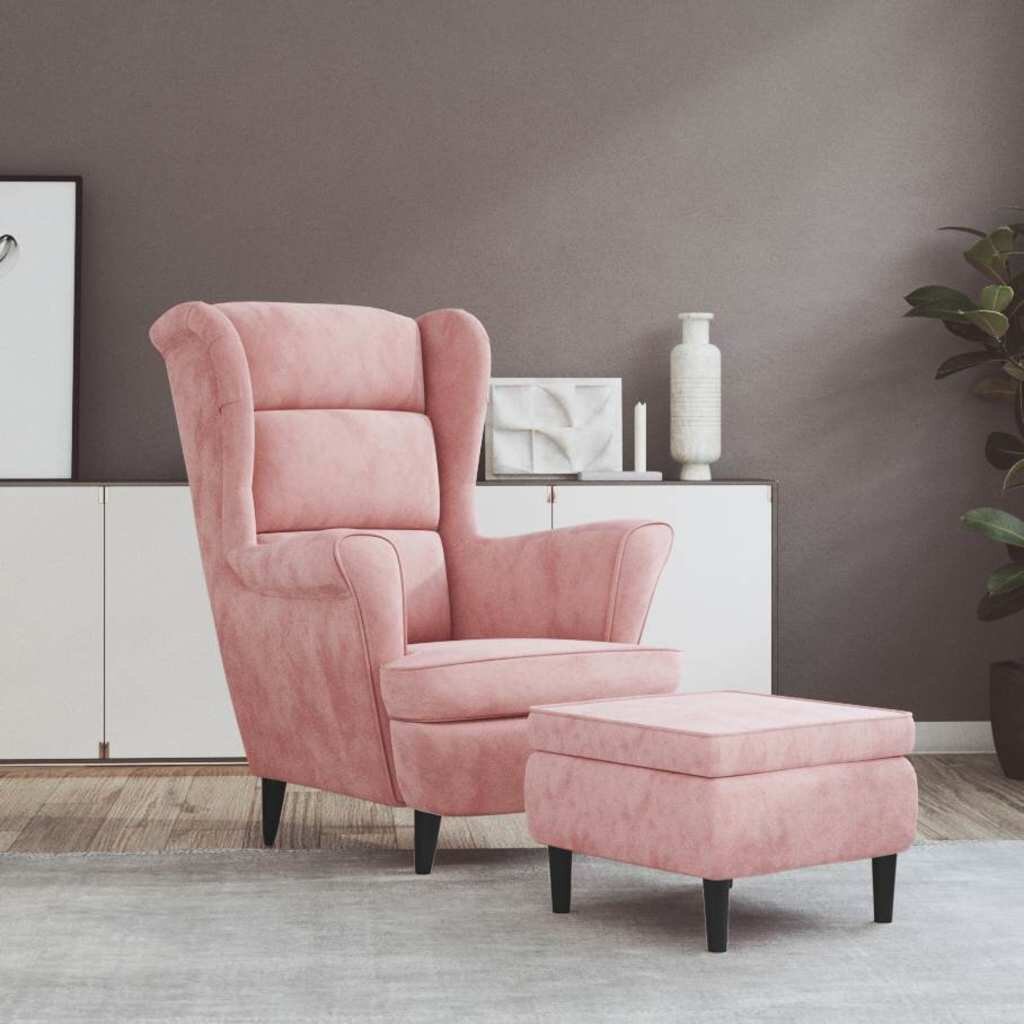 vidaXL Фотьойл Wingback с табуретка розова кадифе