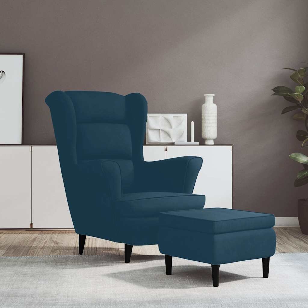 vidaXL Фотьойл Wingback с табуретка син кадифе