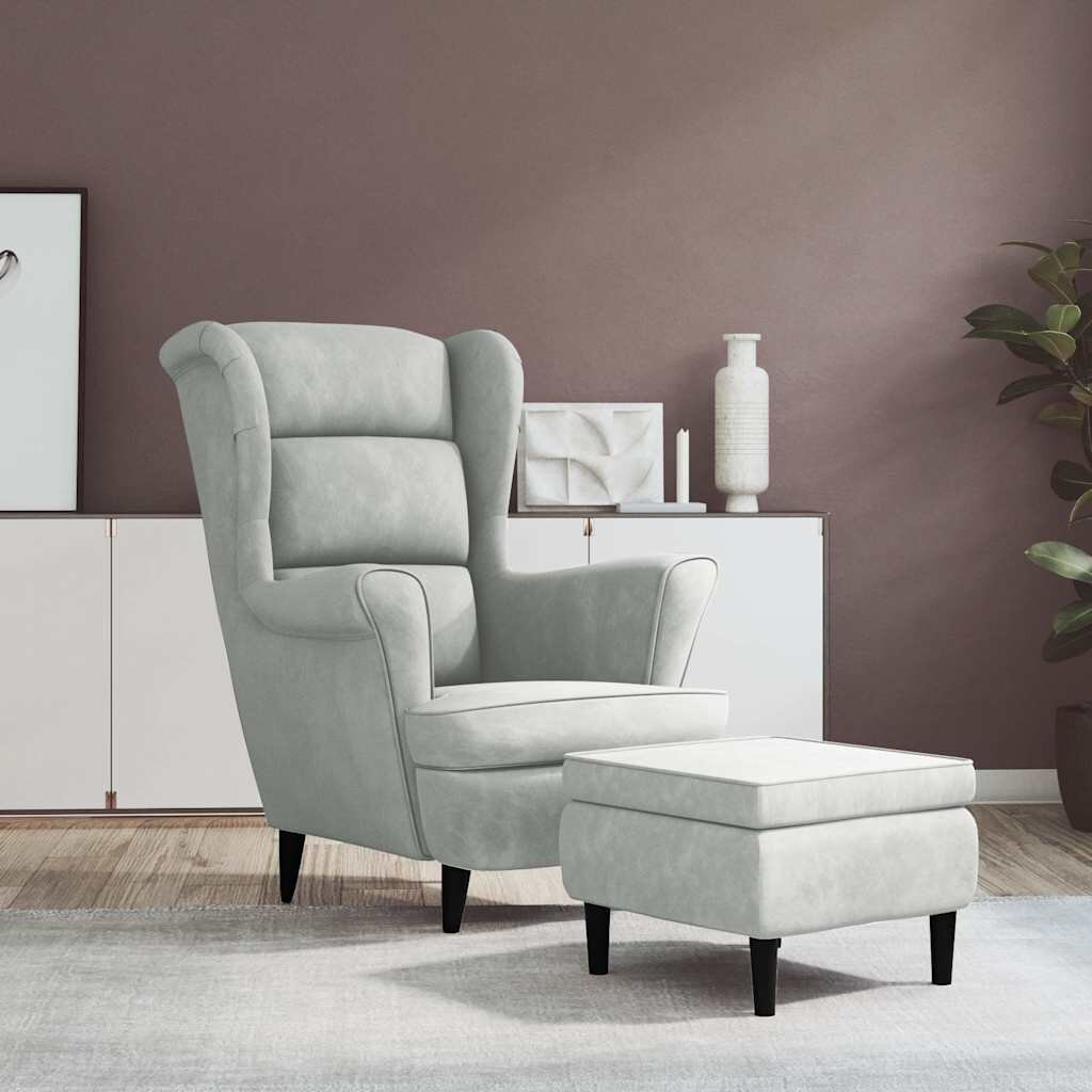 vidaXL Фотьойл Wingback с табуретка светлосиво кадифе