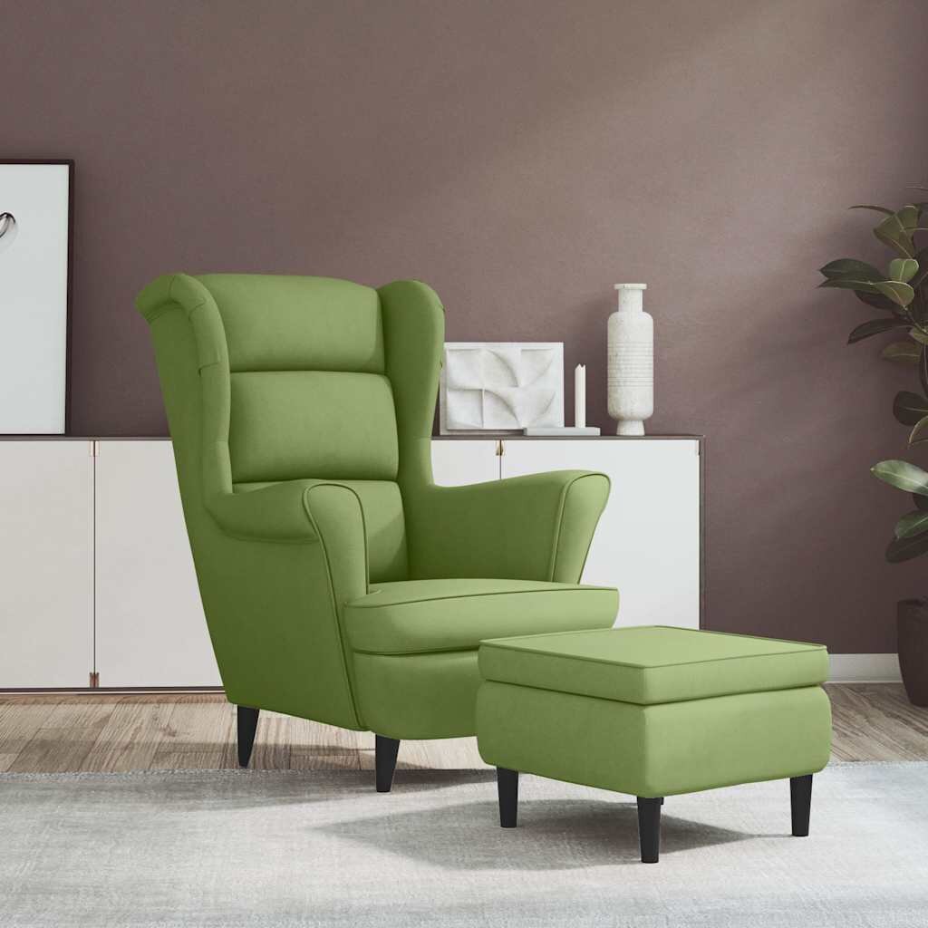 vidaXL Фотьойл Wingback с табуретка светлозелено кадифе