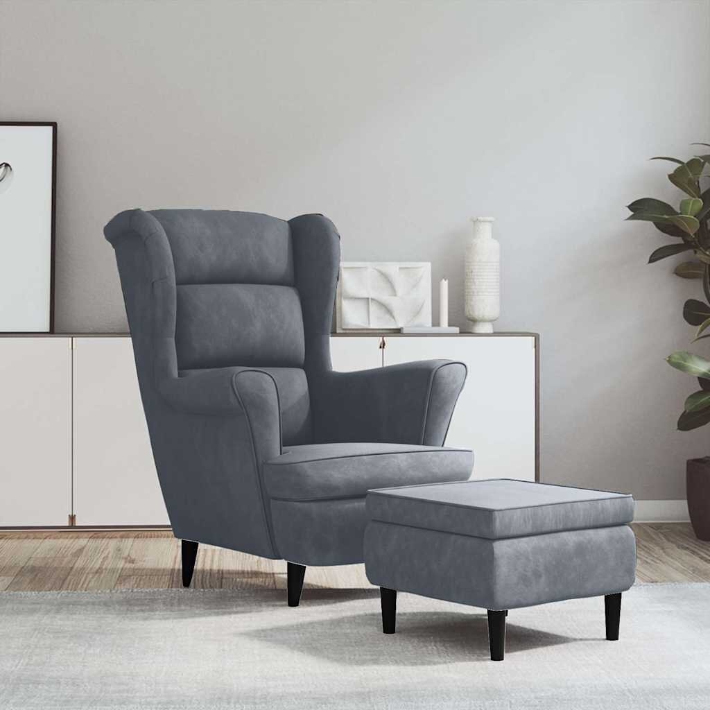 vidaXL Фотьойл Wingback с табуретка тъмносив кадифе